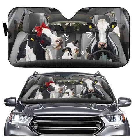 Aluminium foil car sun shield with a telescopic frame extended, designed for the front windshield.