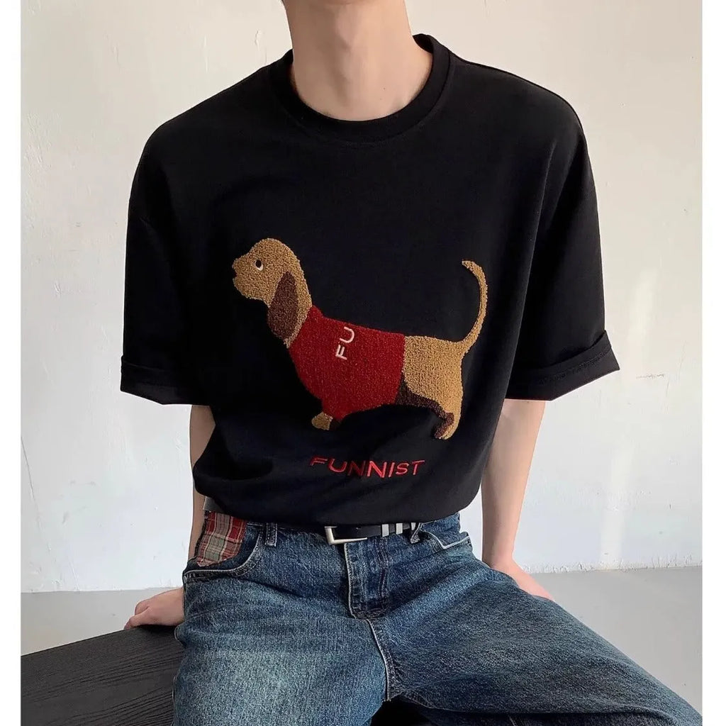 Men's grey short sleeve cotton T-shirt with an embroidered sausage dog towel design on the front.