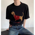Men's grey short sleeve cotton T-shirt with an embroidered sausage dog towel design on the front.