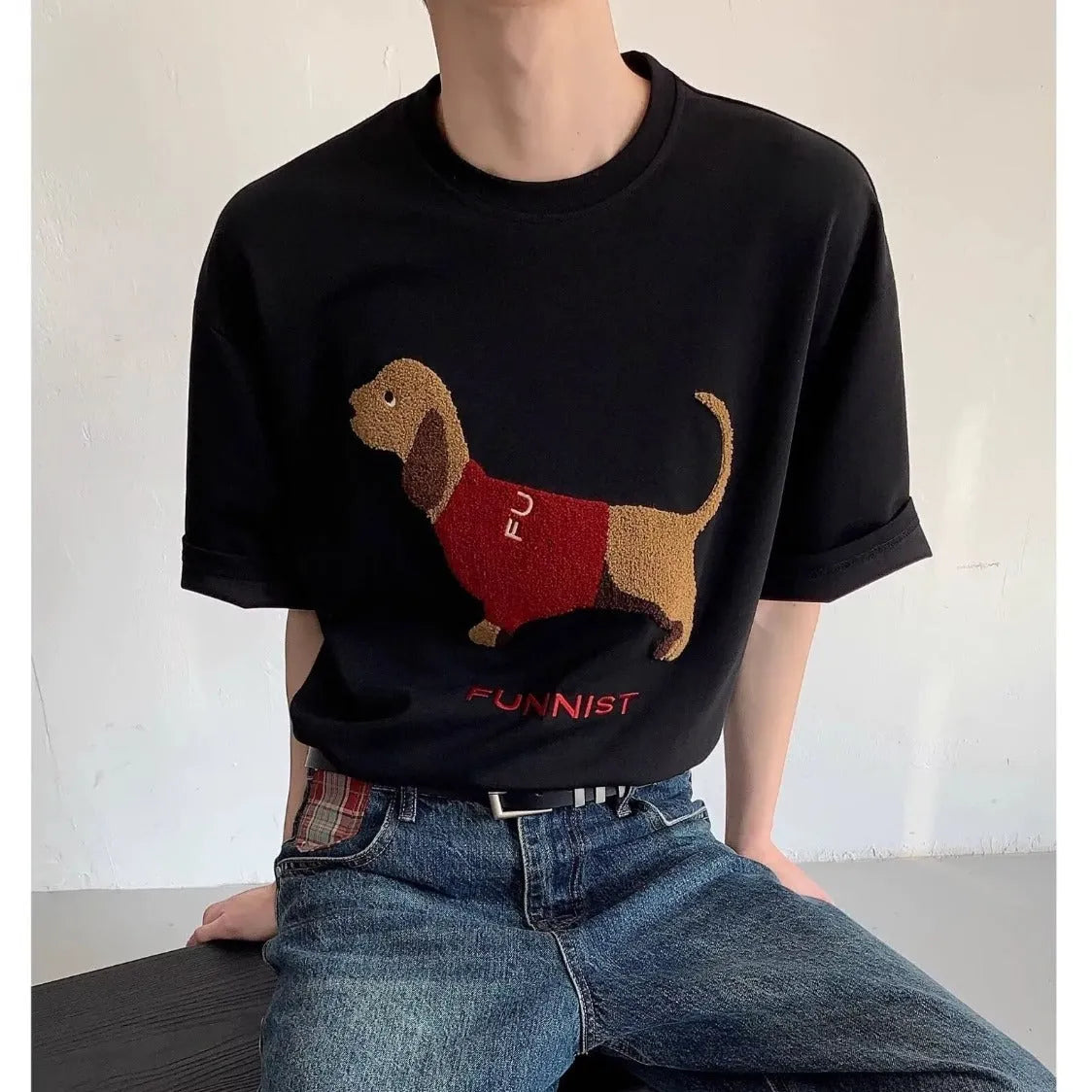 Men's grey short sleeve cotton T-shirt with an embroidered sausage dog towel design on the front.