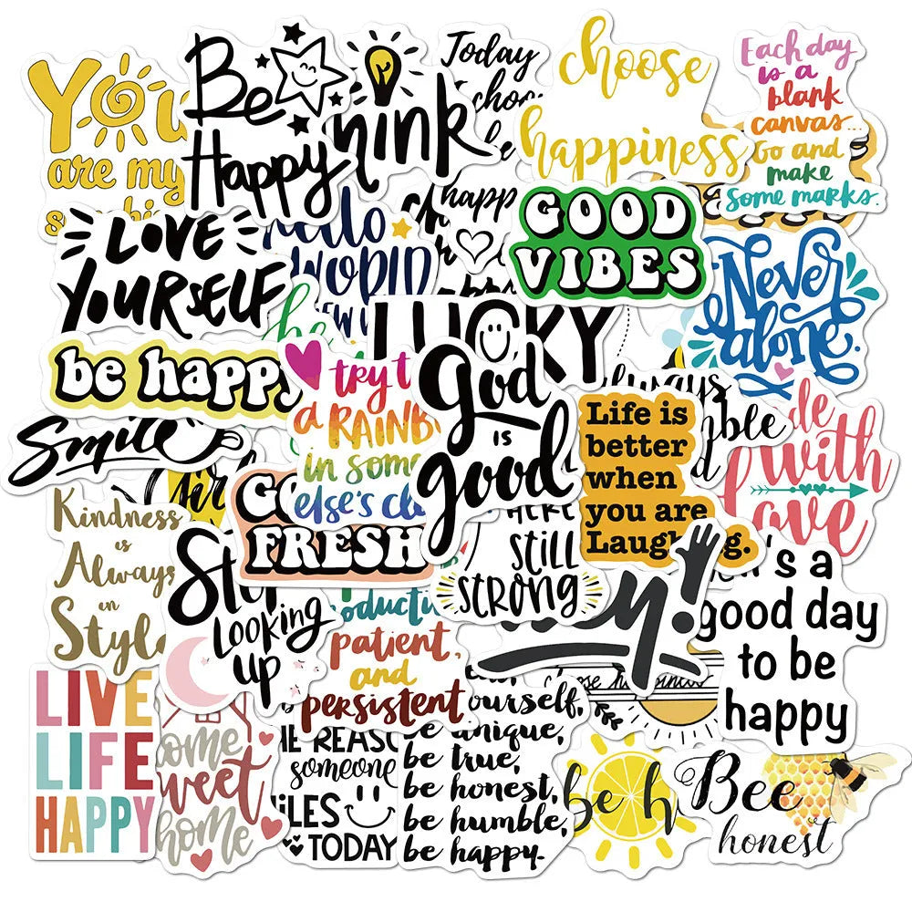 50 cartoon PVC waterproof stickers in assorted graffiti styles including astronaut, drink, and animal designs on a white background