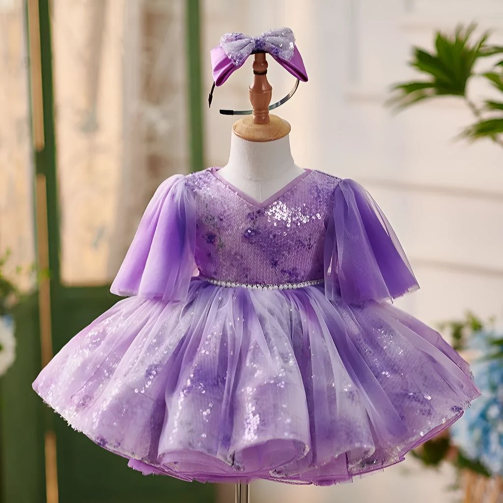 Purple tie-dyed Swiss net mesh princess pettiskirt dress for girls, sizes 80cm to 160cm, with hair accessory