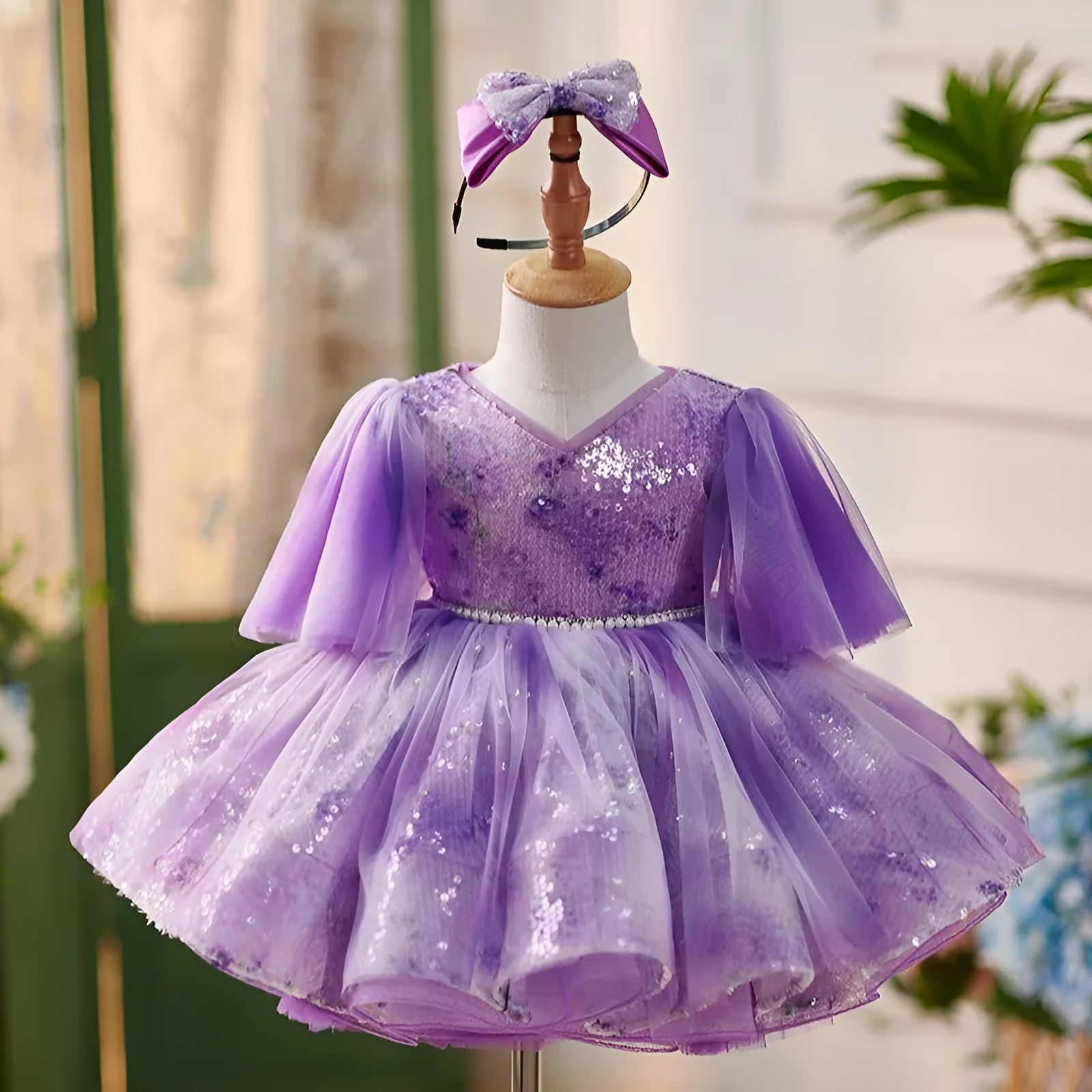 Purple tie-dyed Swiss net mesh princess pettiskirt dress for girls, sizes 80cm to 160cm, with hair accessory