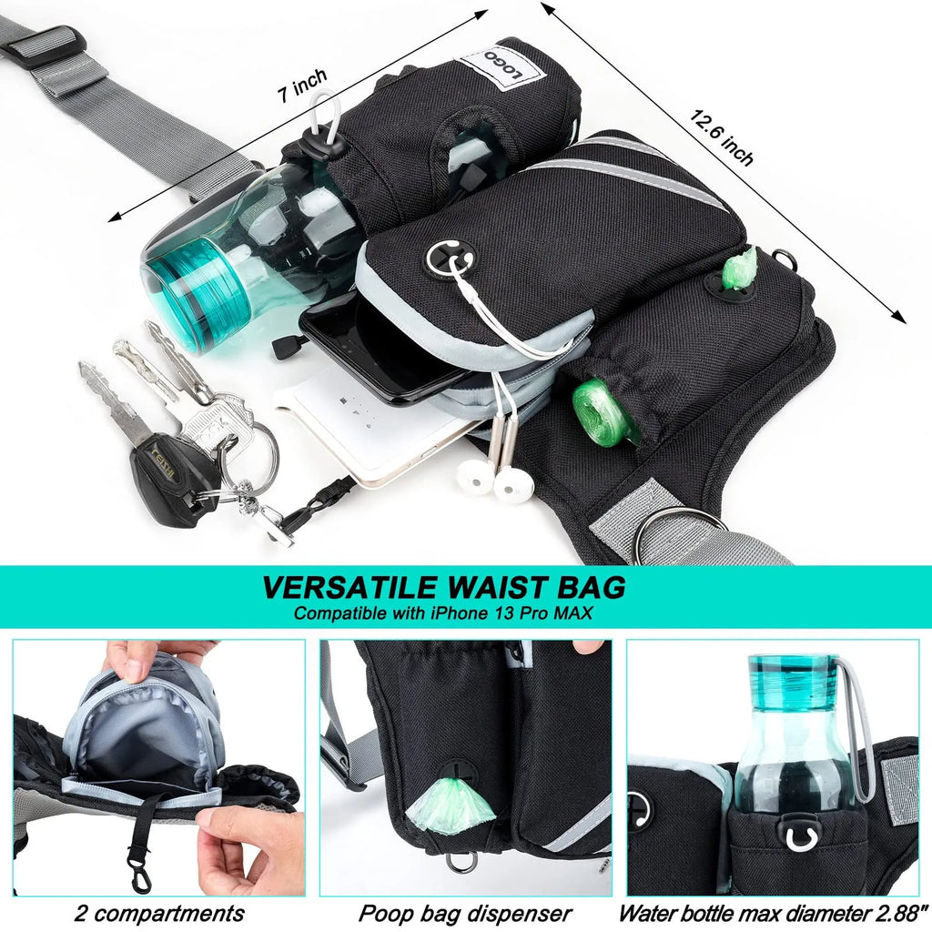 Black nylon waterproof pet training waist bag with dog leash and collar set for outdoor walking