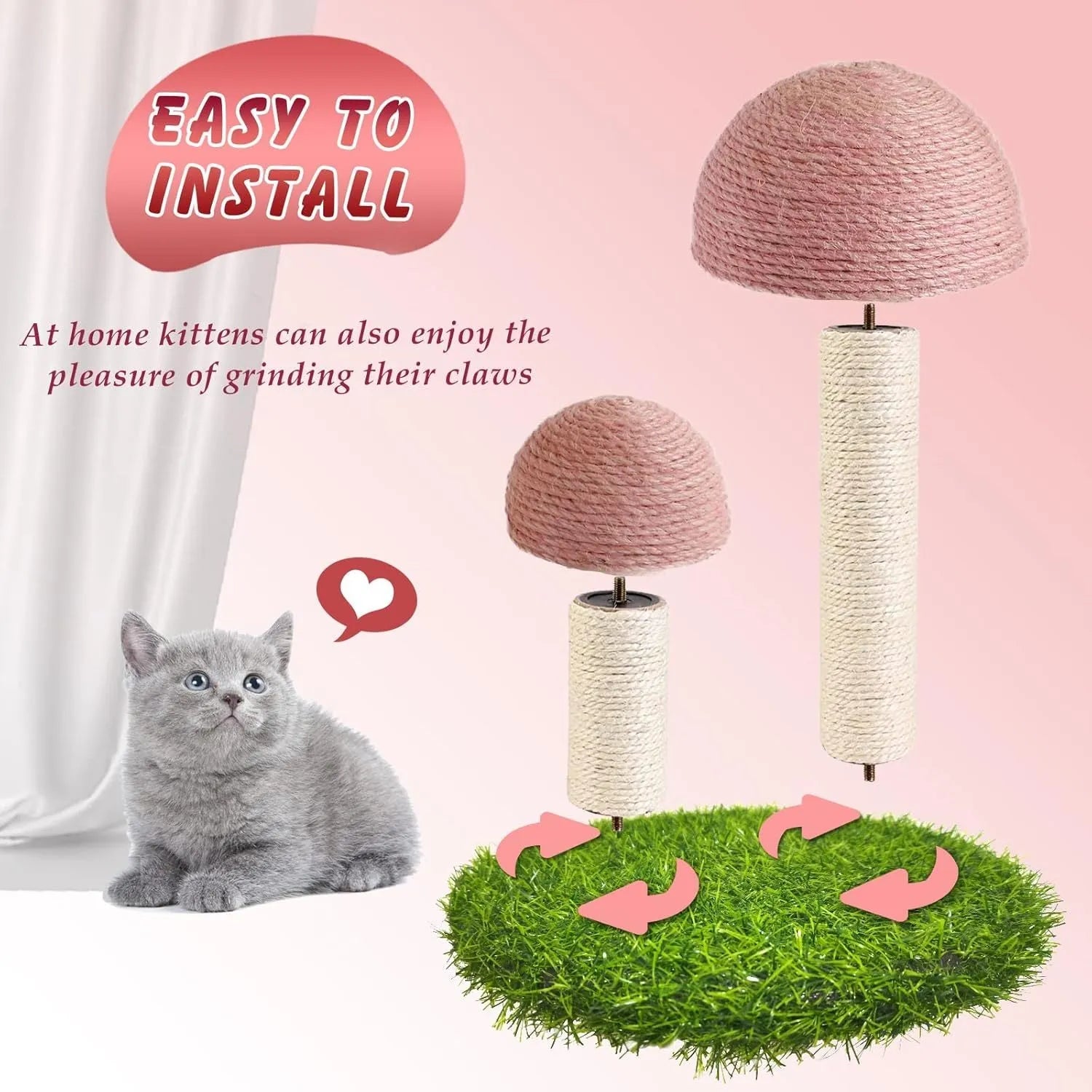 Pink mushroom-shaped cat scratching post with natural sisal caps for small cats