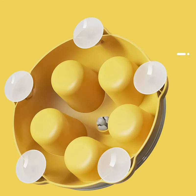 Yellow cat snack bowl puzzle plate with compartments for kibble and treats