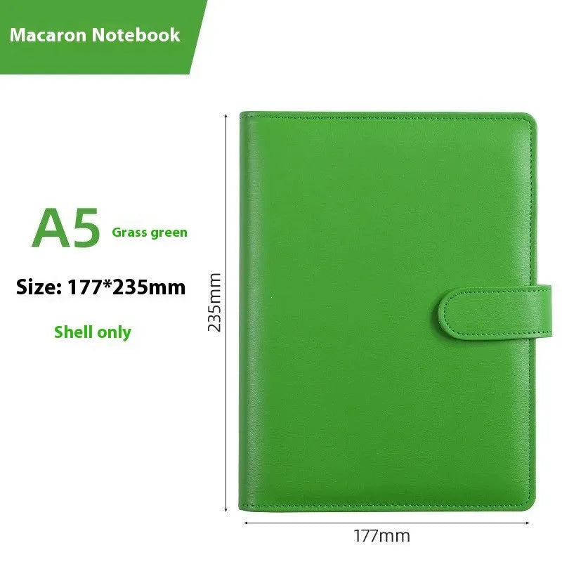 A5 solid colour PU leather notebook binder shell with a zipper, shown in various colours.