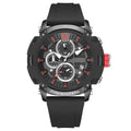 Men's black digital watch with luminous dial and calendar display on wrist