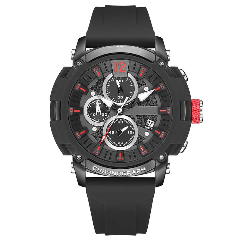 Men's black digital watch with luminous dial and calendar display on wrist
