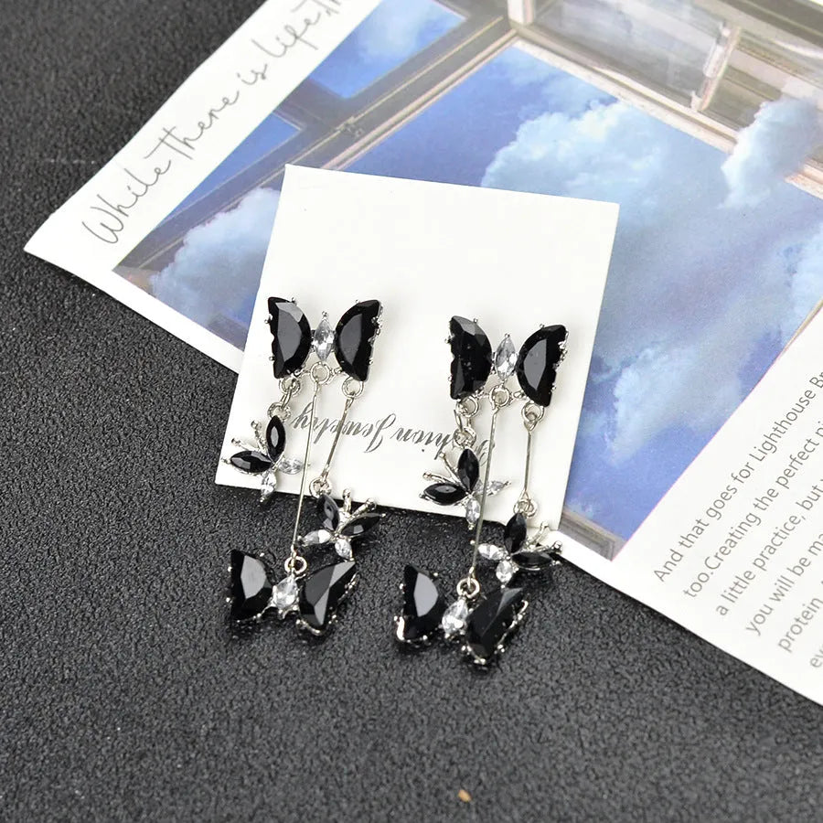 Butterfly fringe earrings in alloy and glass with electroplated finish, 1.8 x 5.3cm, light luxury style