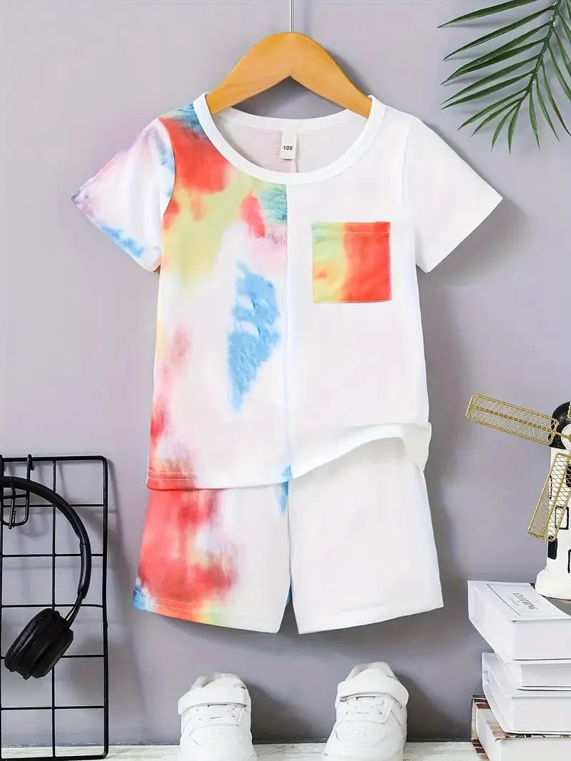 Boys' short sleeve cotton blend t-shirt and shorts set with animal pattern, available in multiple colours