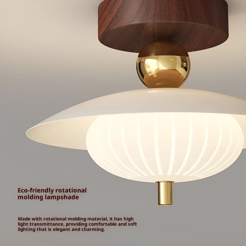 Antique glass ceiling lamp with remote control and tricolour light in wood colour finish for bedroom