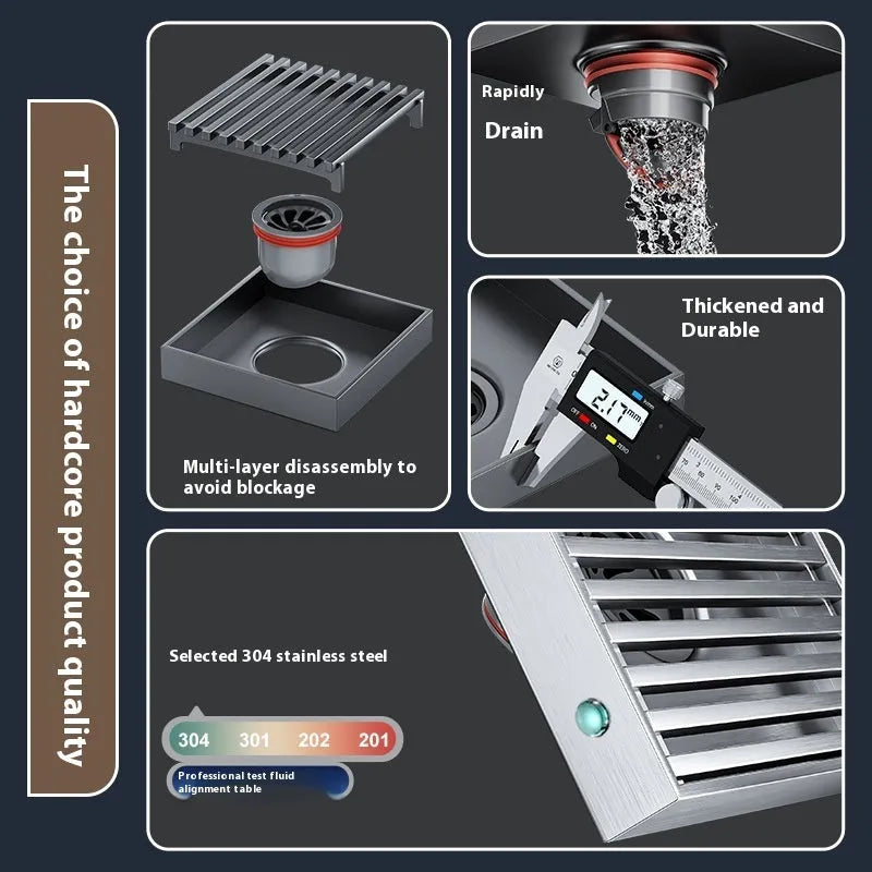 Gun grey 304 stainless steel courtyard floor drain with a square ABS plastic core.