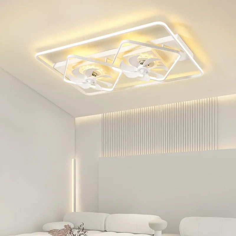 Ceiling fan lamp with light showing five plastic blades and acrylic lampshade in modern simple style
