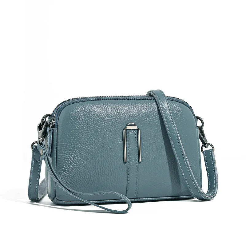 Minimalist crossbody bag in top-grain leather, horizontal square shape, spliced design, khaki colour