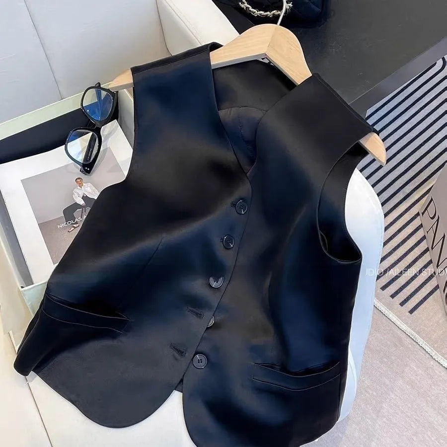 Black satin ladies sleeveless vest with loose fit and normal length on hanger