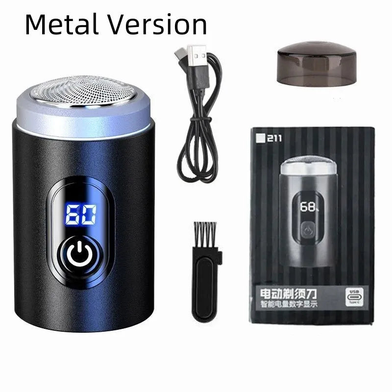 Black portable rechargeable shaver with USB charging cable and cleaning accessories
