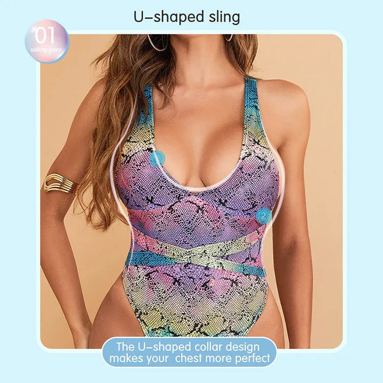 Leopard print snake print floral one-piece polyester women's swimsuit in picture colour, size options S M L XL