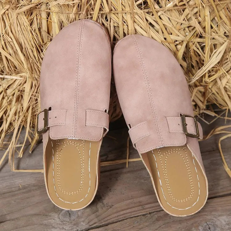 Women's casual wedge slippers in light brown with cloth upper and rubber sole
