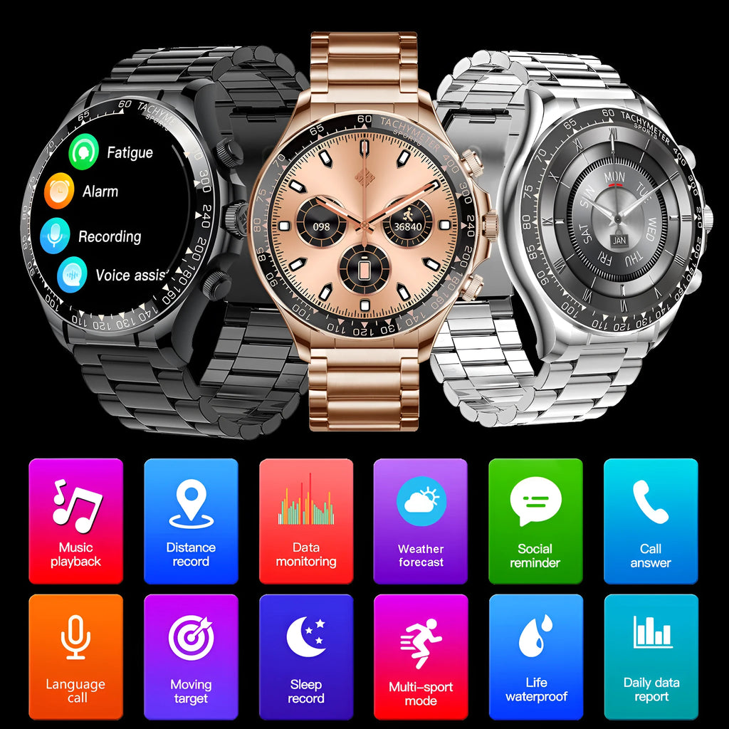 Round screen smart watch EX108 in black silicone with three straps showing Bluetooth calling interface