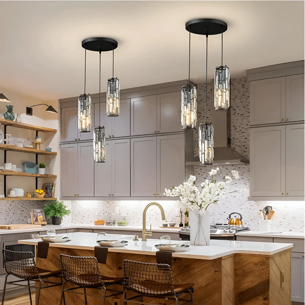 Industrial style crystal LED single head droplight pendant light in black, chrome, or gold finish.
