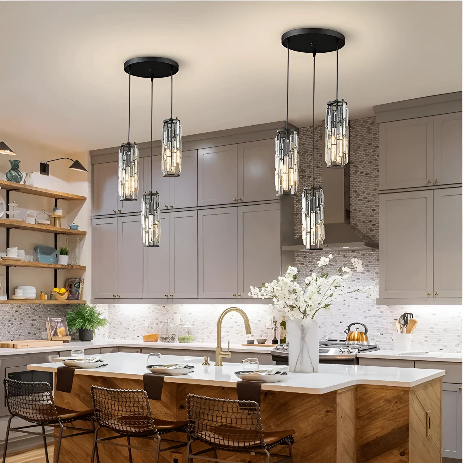 Industrial style crystal LED single head droplight pendant light in black, chrome, or gold finish.