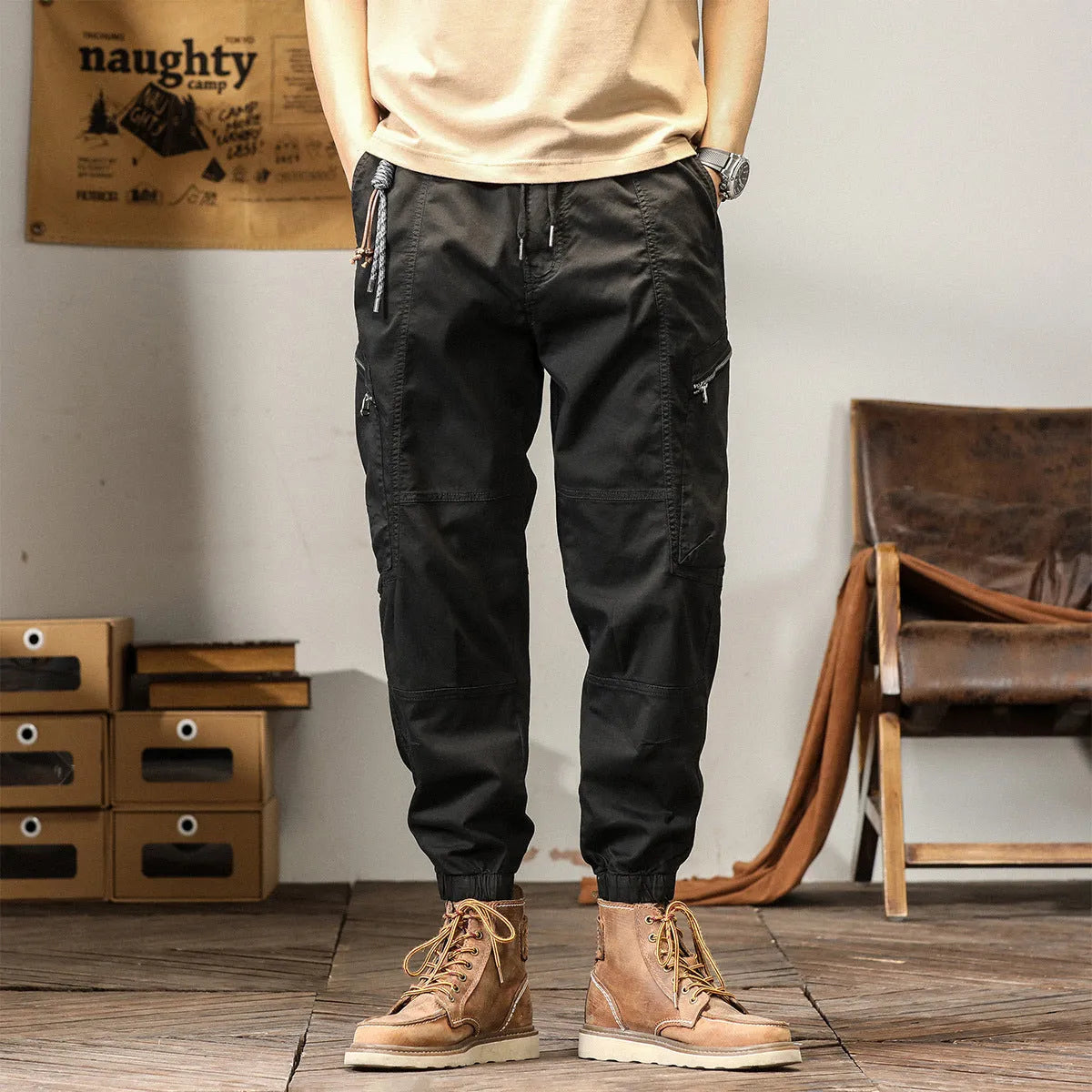 Men's Korean style cotton harem trousers with tapered ankle banded design in black colour