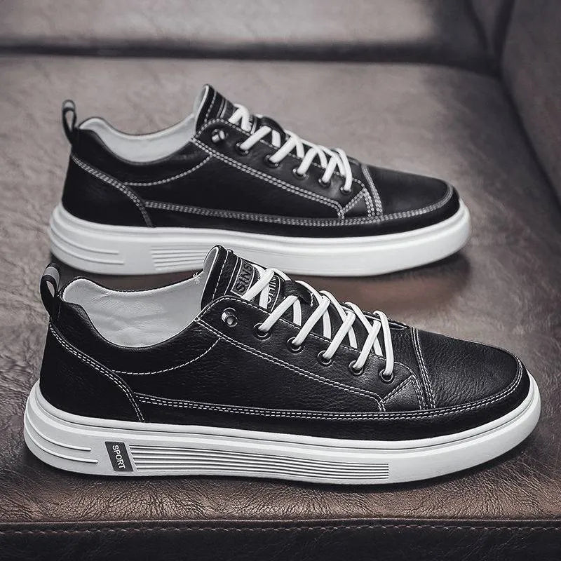 Men's white casual PU shoes with round toe and low heel on beige background