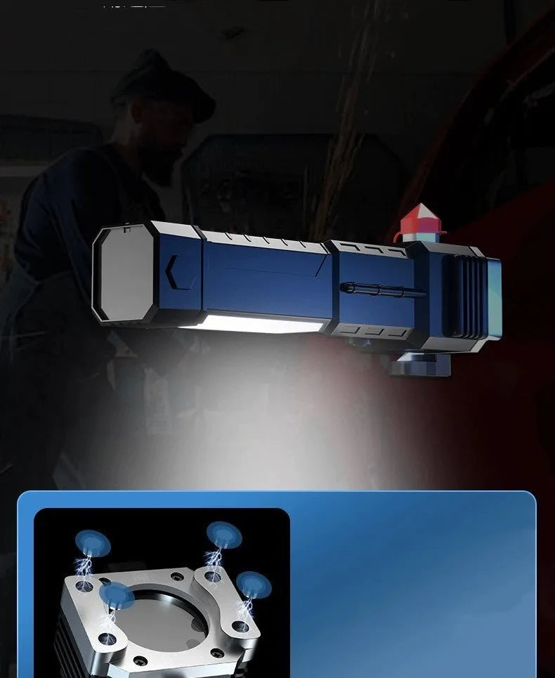 Silver portable LED torch with integrated power bank, showing USB port and IP44 rating.