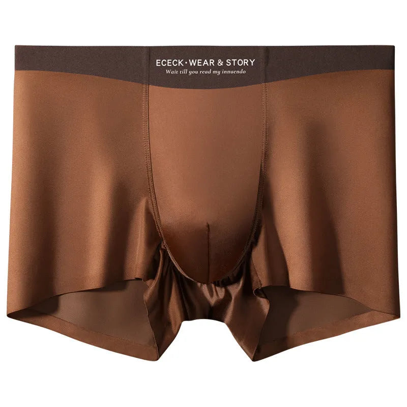 Men's solid colour Ice Silk seamless underwear in a selection of colours including white, brown, gray and blue.