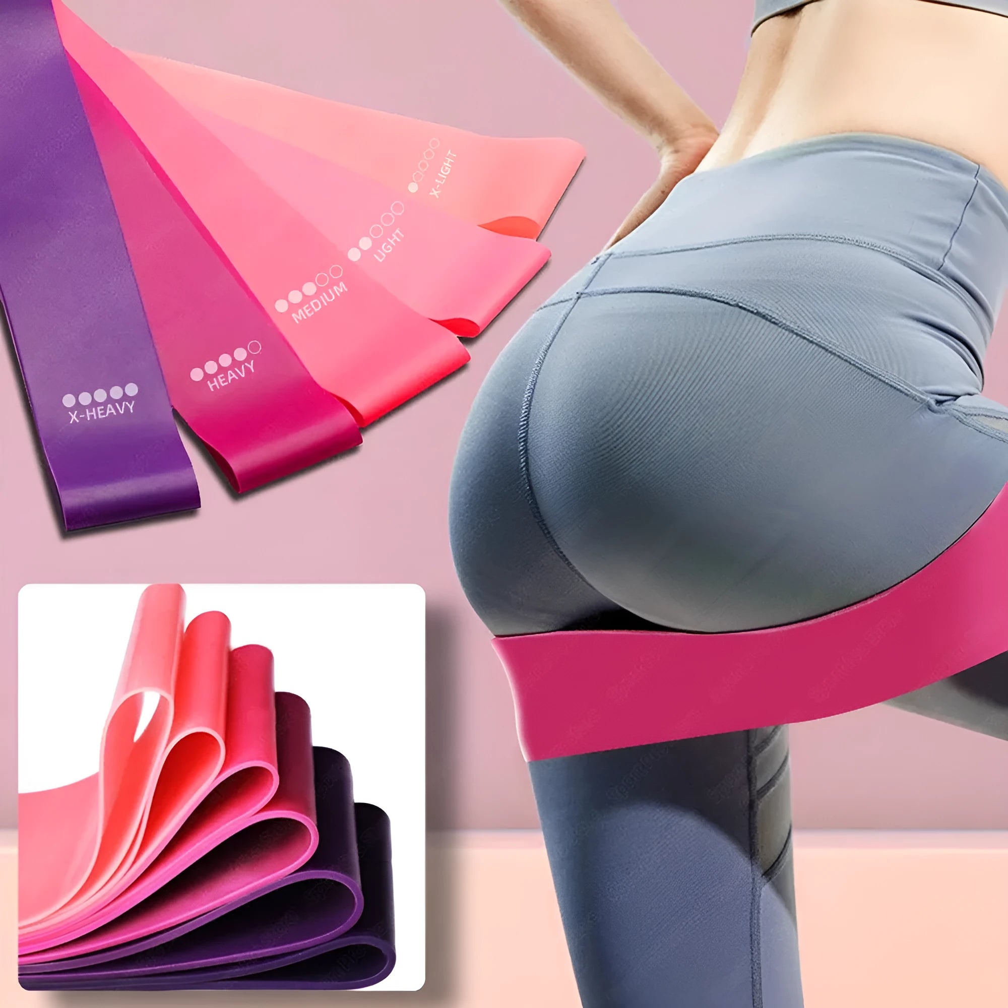 Set of four resistance bands in purple, pink, blue, and grey with non-slip inner surface and cloth bag