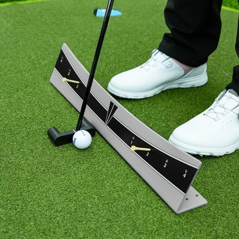 Adjustable golf putter trajectory balance simulator made from white PVC with a push rod balancer.