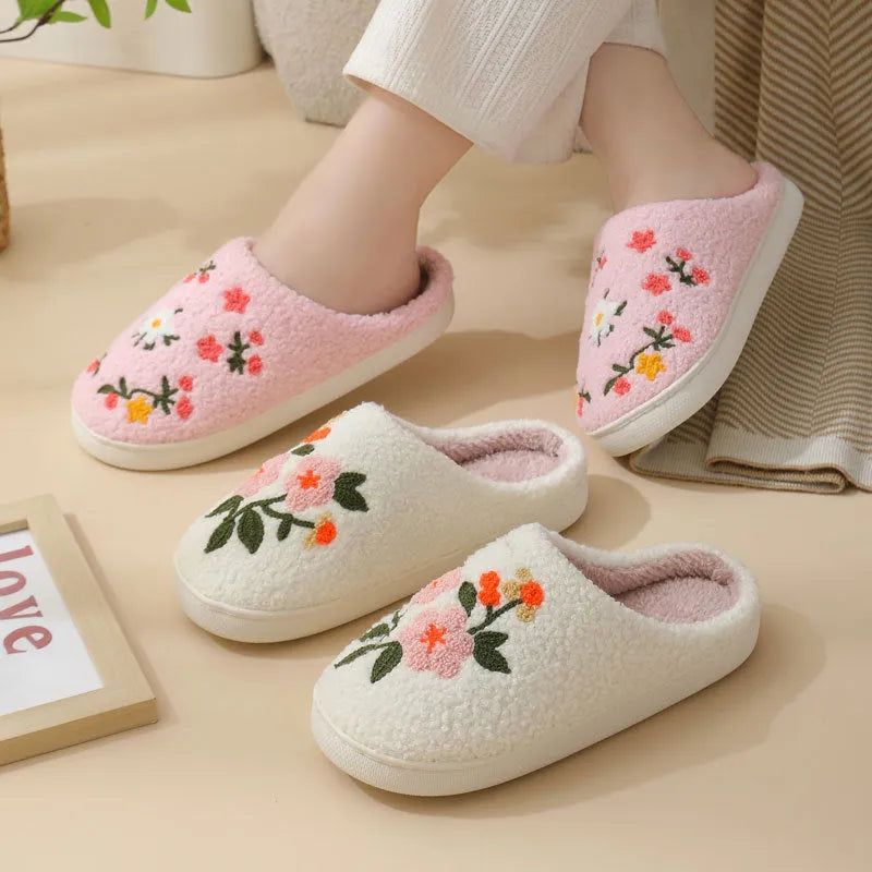 Women's warm cotton slippers with embroidered flower design in plum blossom colour