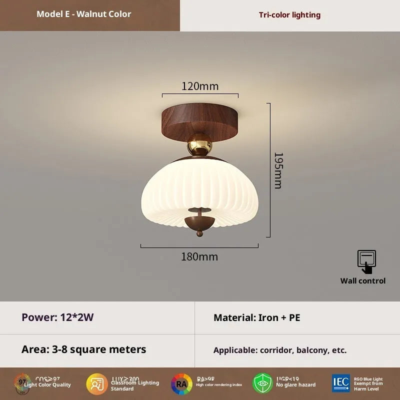 Antique glass ceiling lamp with remote control and tricolour light in wood colour finish for bedroom