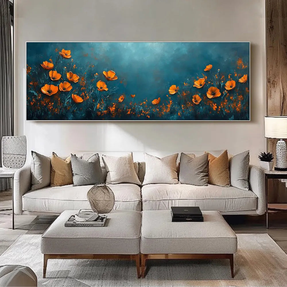 Abstract floral hand-painted oil painting on canvas, unstretched and frameless, shown in a horizontal orientation, suitable for home wall decor.