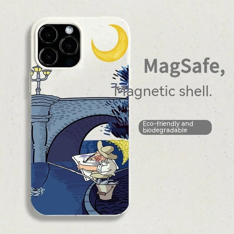 Retro graffiti magnetic phone case for iPhone 13 and 14 series with creative oil painting design and resin texture
