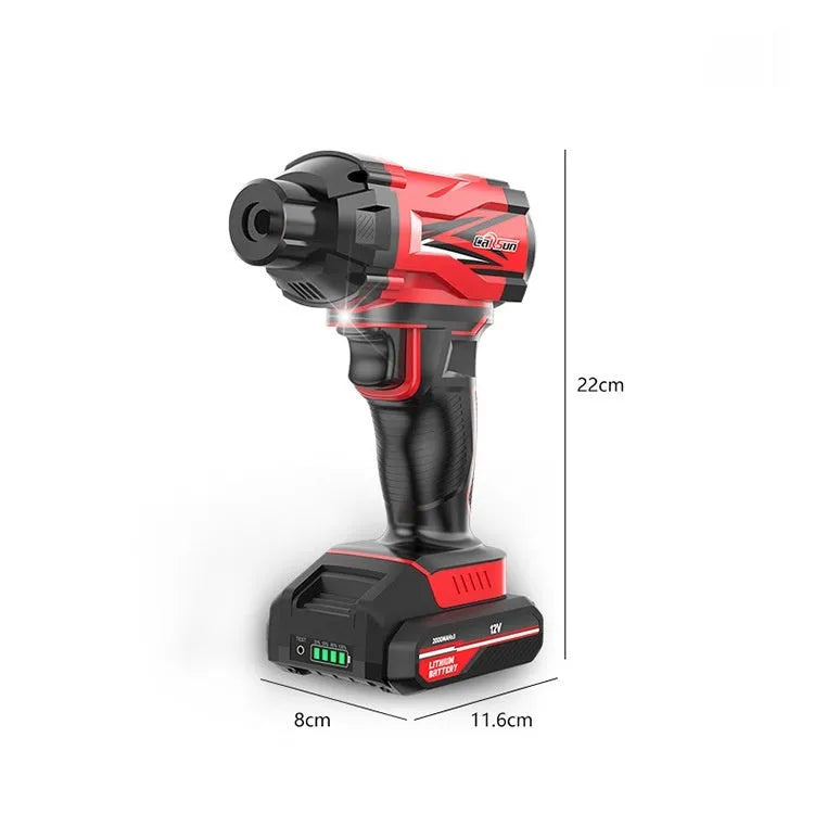 Red and black wireless car tyre inflator with nozzle attachments and power cable