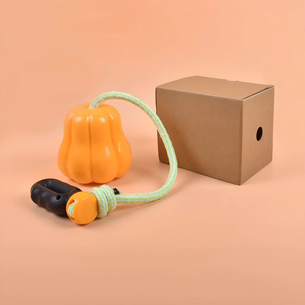 Pumpkin orange plastic dog toy with rope handle and molar-textured chewing surface