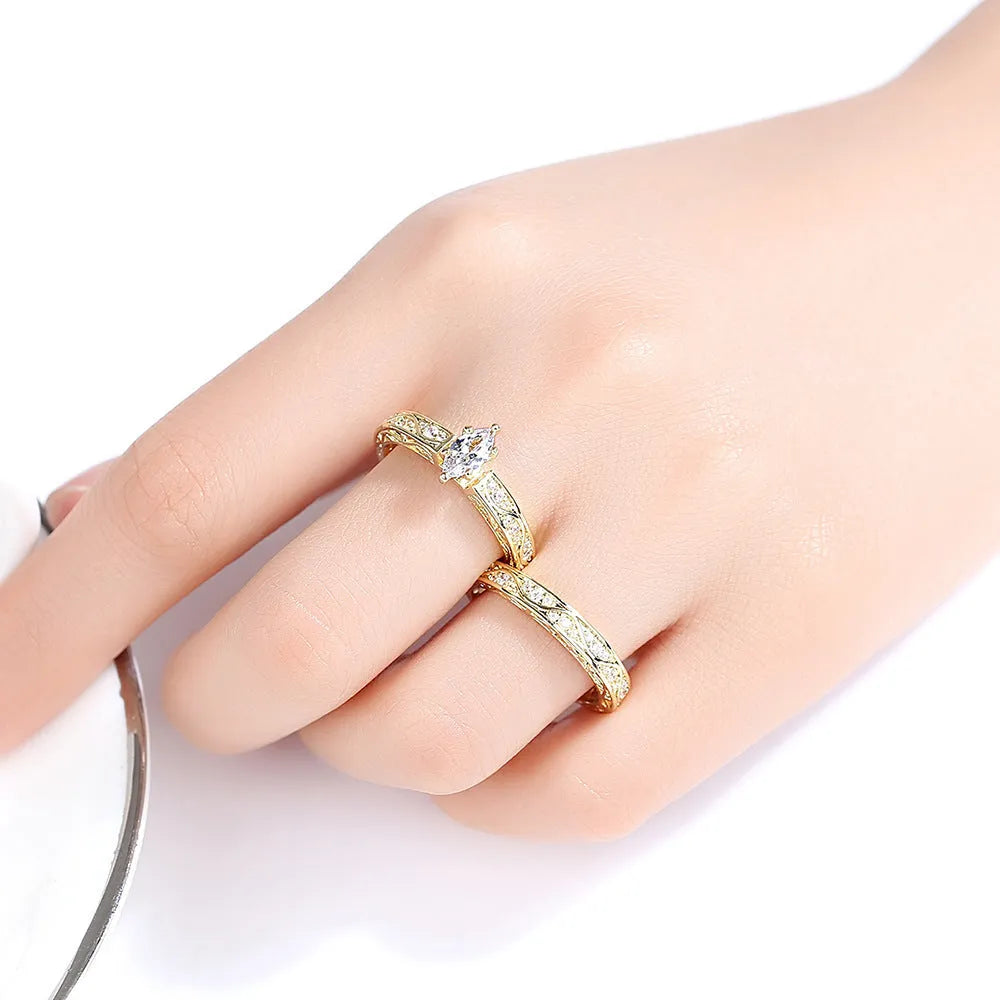 Pair of copper couple rings with horse eye zircon stone, geometric shape, electroplated finish, sizes 6-9