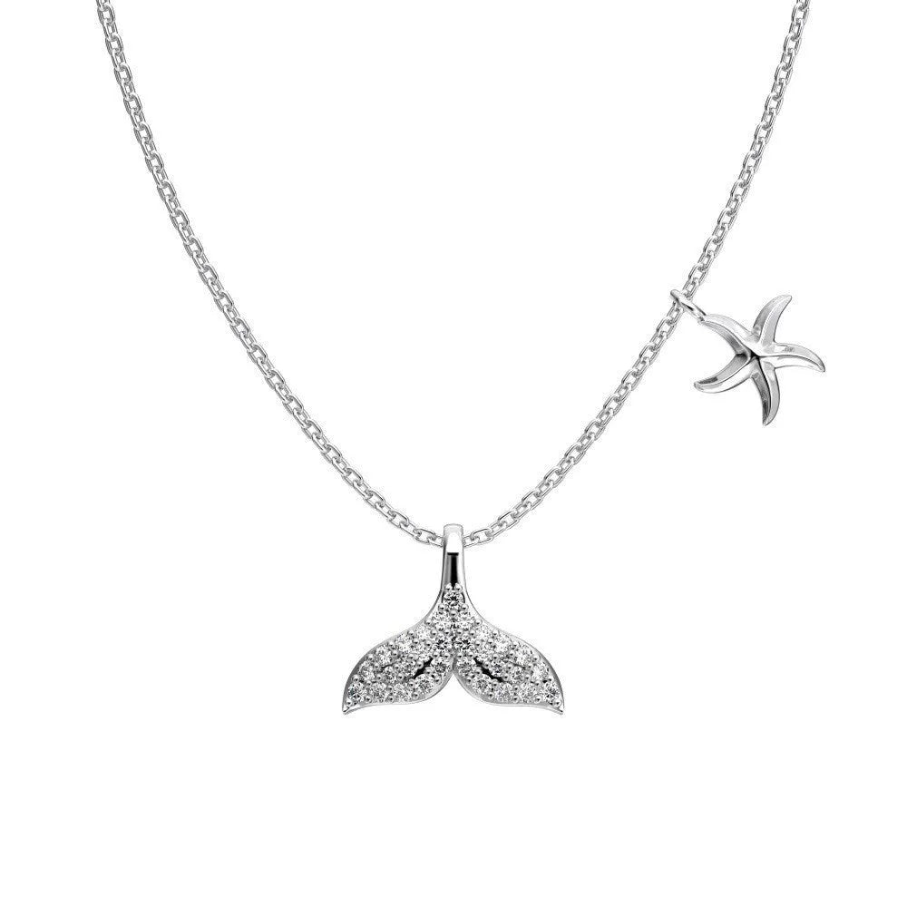 S925 sterling silver mermaid tail necklace with micro inlaid zircon starfish pendant on O-ring chain