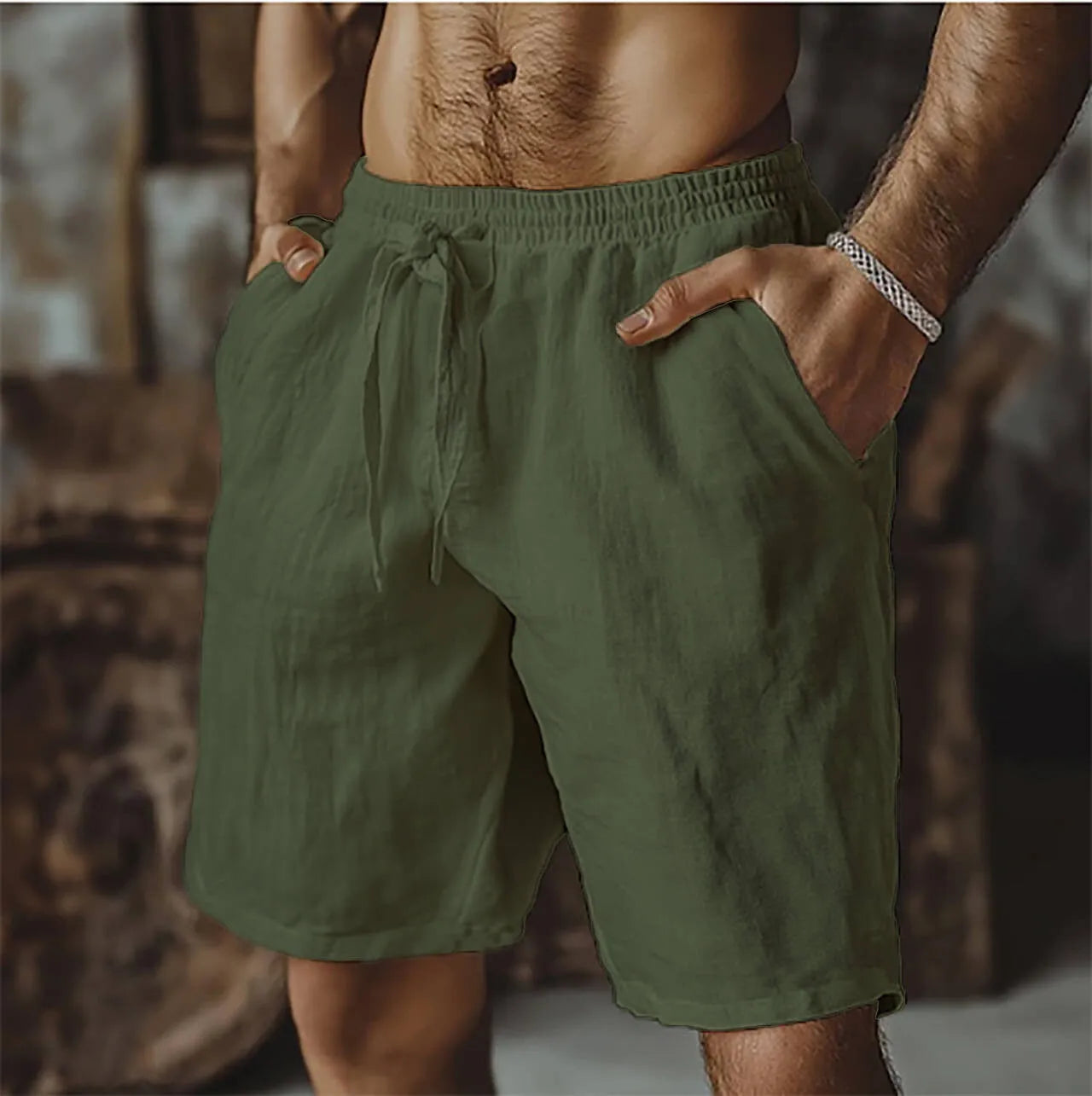 Men's cotton linen casual beach shorts in straight-leg British style with solid colour options