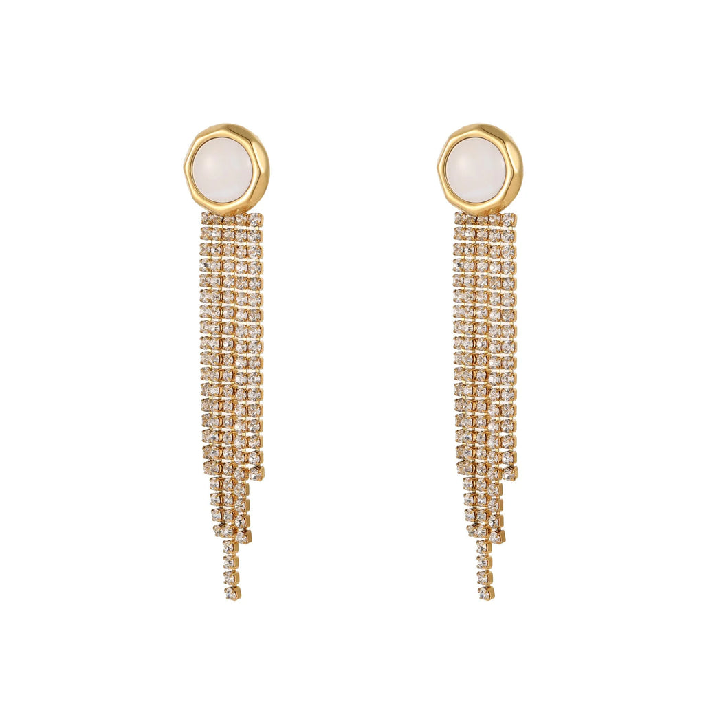Women's stainless steel heart earrings with diamond tassel and 18K gold electroplated finish