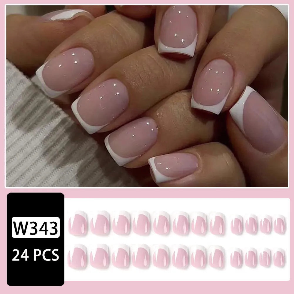 White acrylic nail tips with plaid pattern design, 24 pieces for DIY manicure extensions