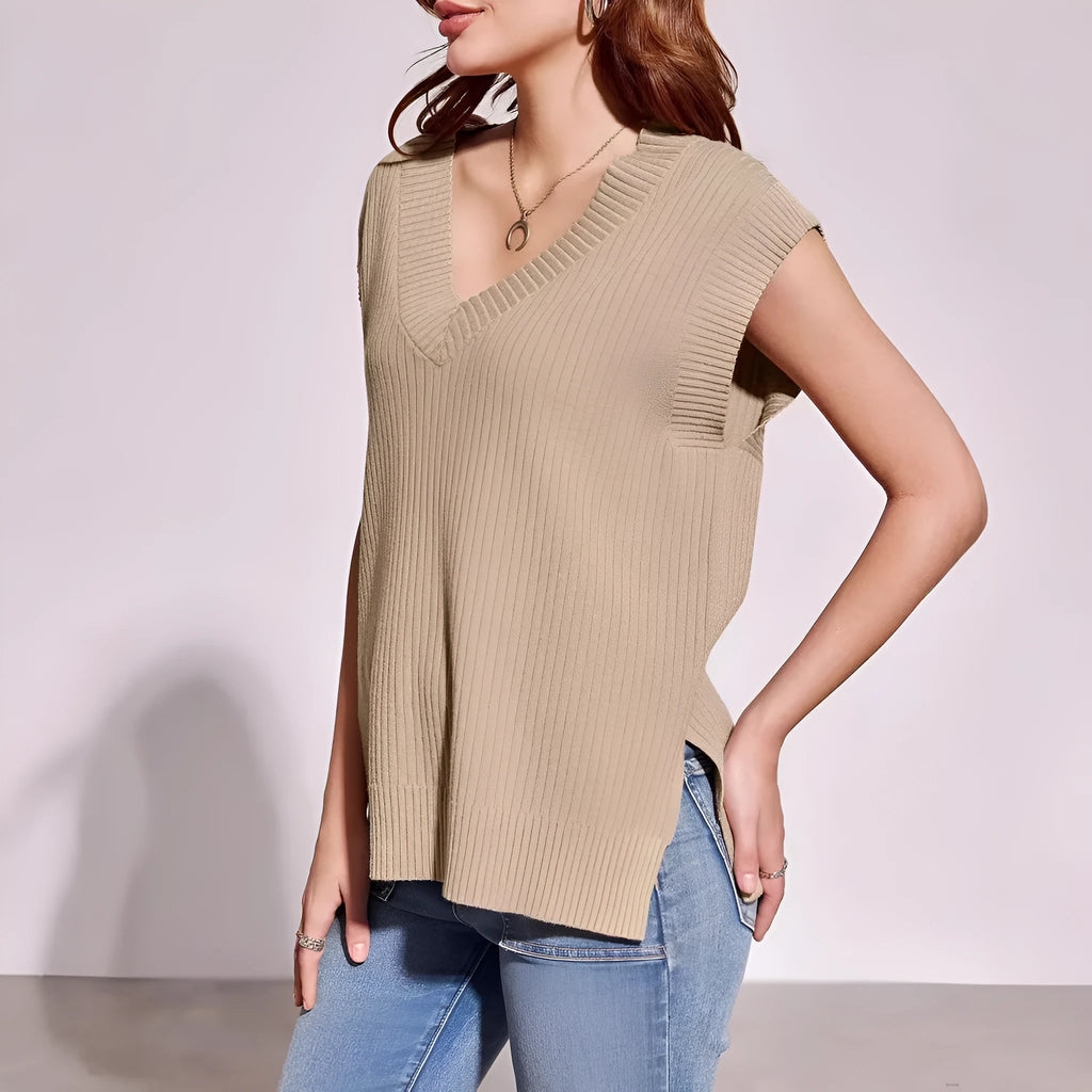 V-neck sleeveless vest in camel colour with stripe pattern, loose casual styling