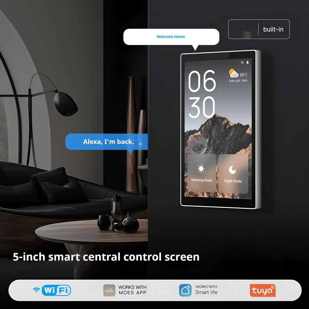 Graffiti 5-inch WiFi smart home central control screen with built-in Zigbee gateway and Alexa voice control, US plug version