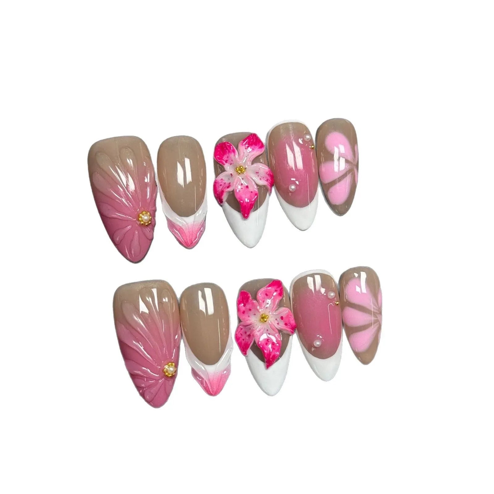 French style three-dimensional lily fluid ice flower artificial nails with almond shape designs