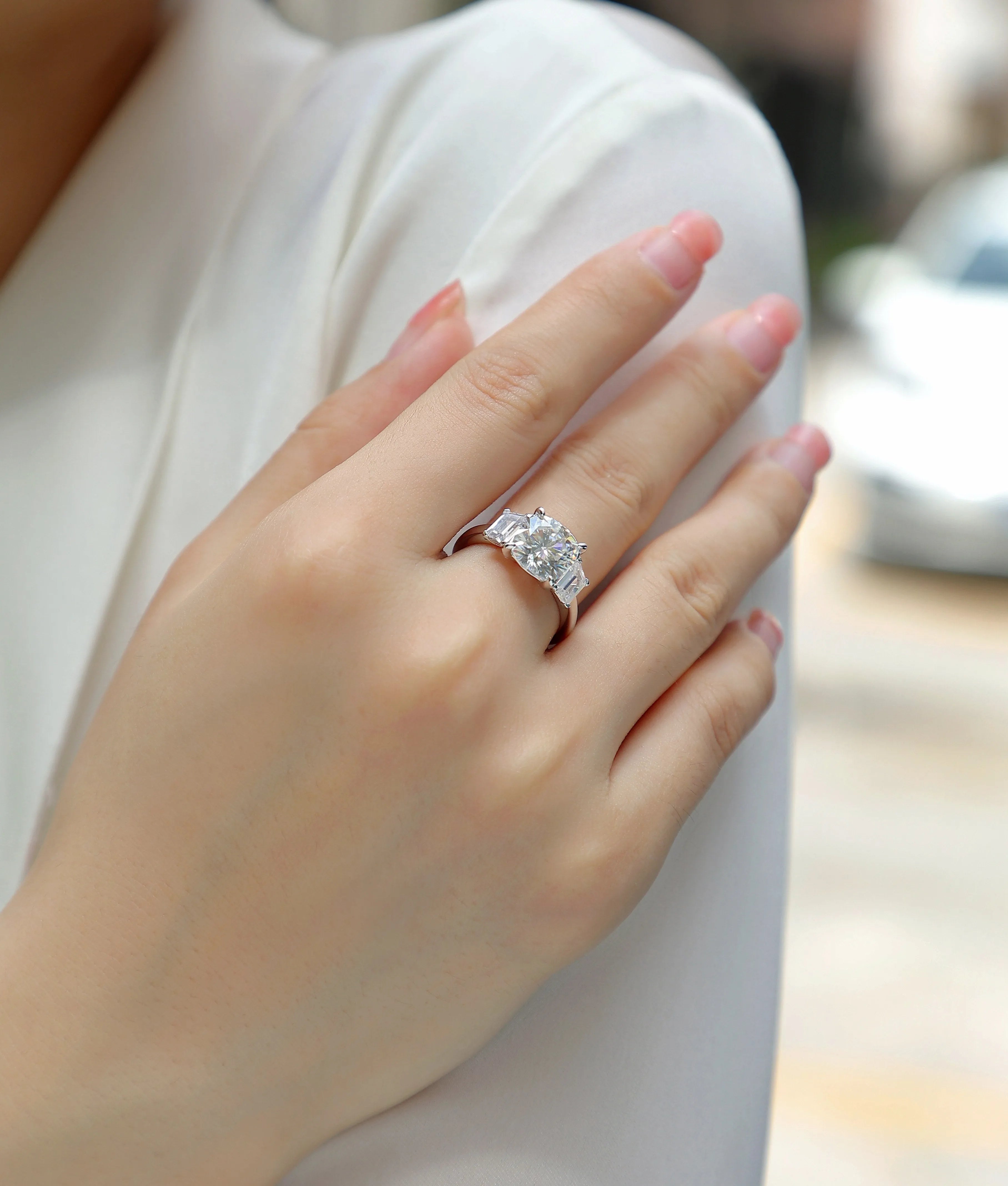 Moissanite wedding ring set with square 9x9mm stone in S925 silver and platinum plating