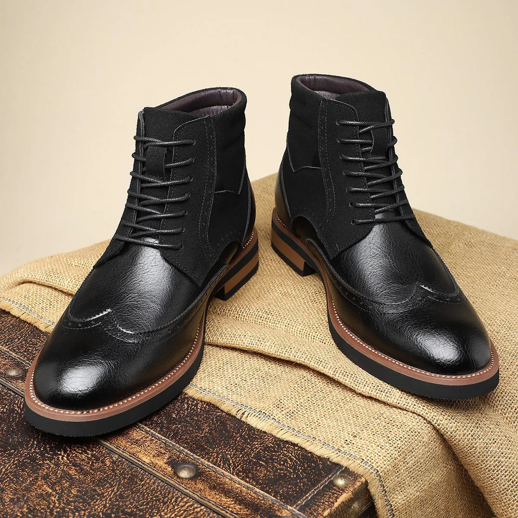 Men's retro Martin boots mid-calf carved slip-on block heel pointed toe artificial PU upper in Army Green colour