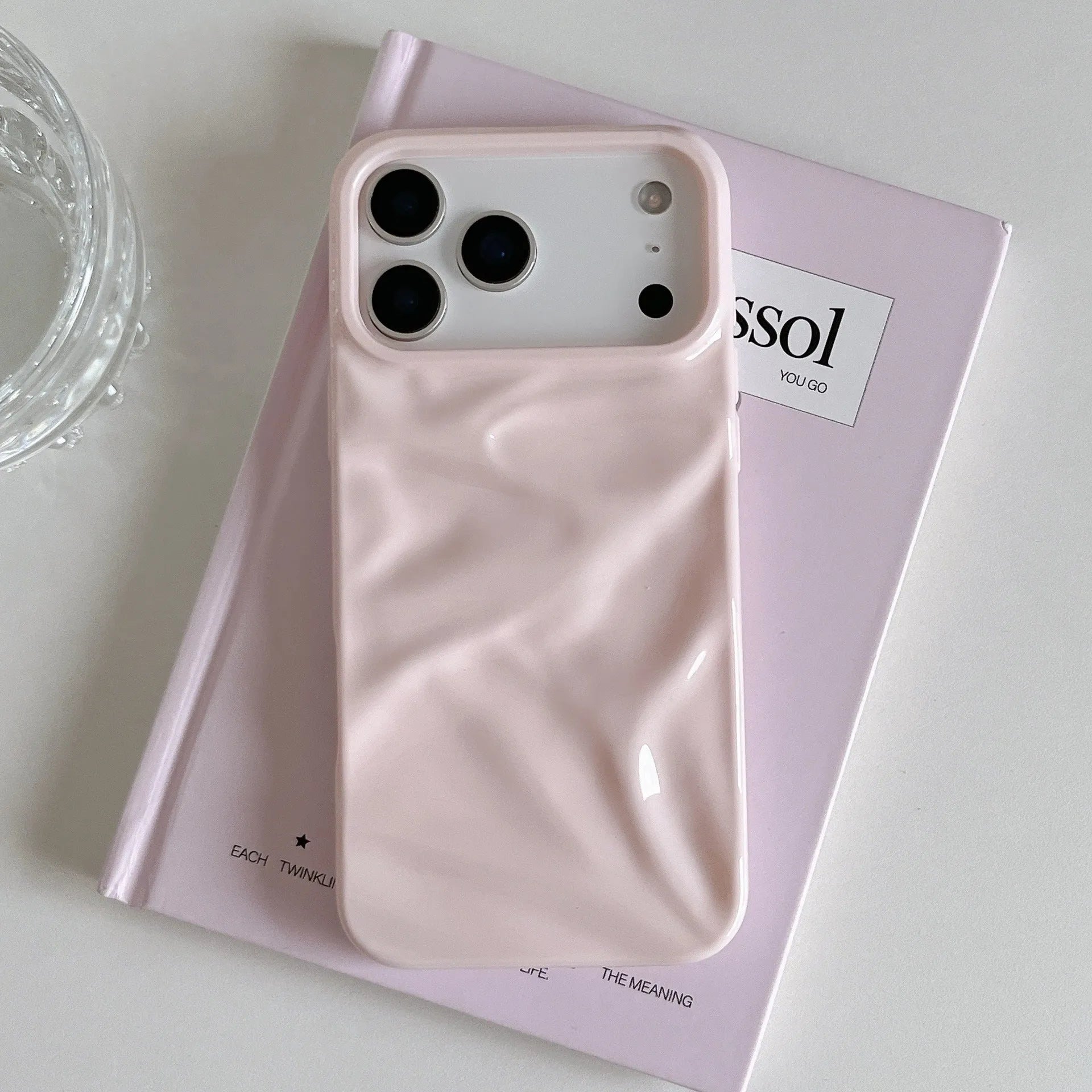 PC soft shell phone case with pleated crepe pattern, anti-fall and anti-fingerprint, for iPhone 14-17 series in pink