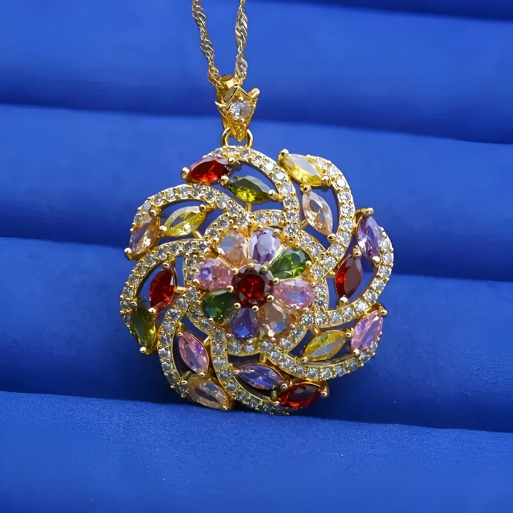 Colour zircon pendant necklace with gold plated copper flower shape and spiral design